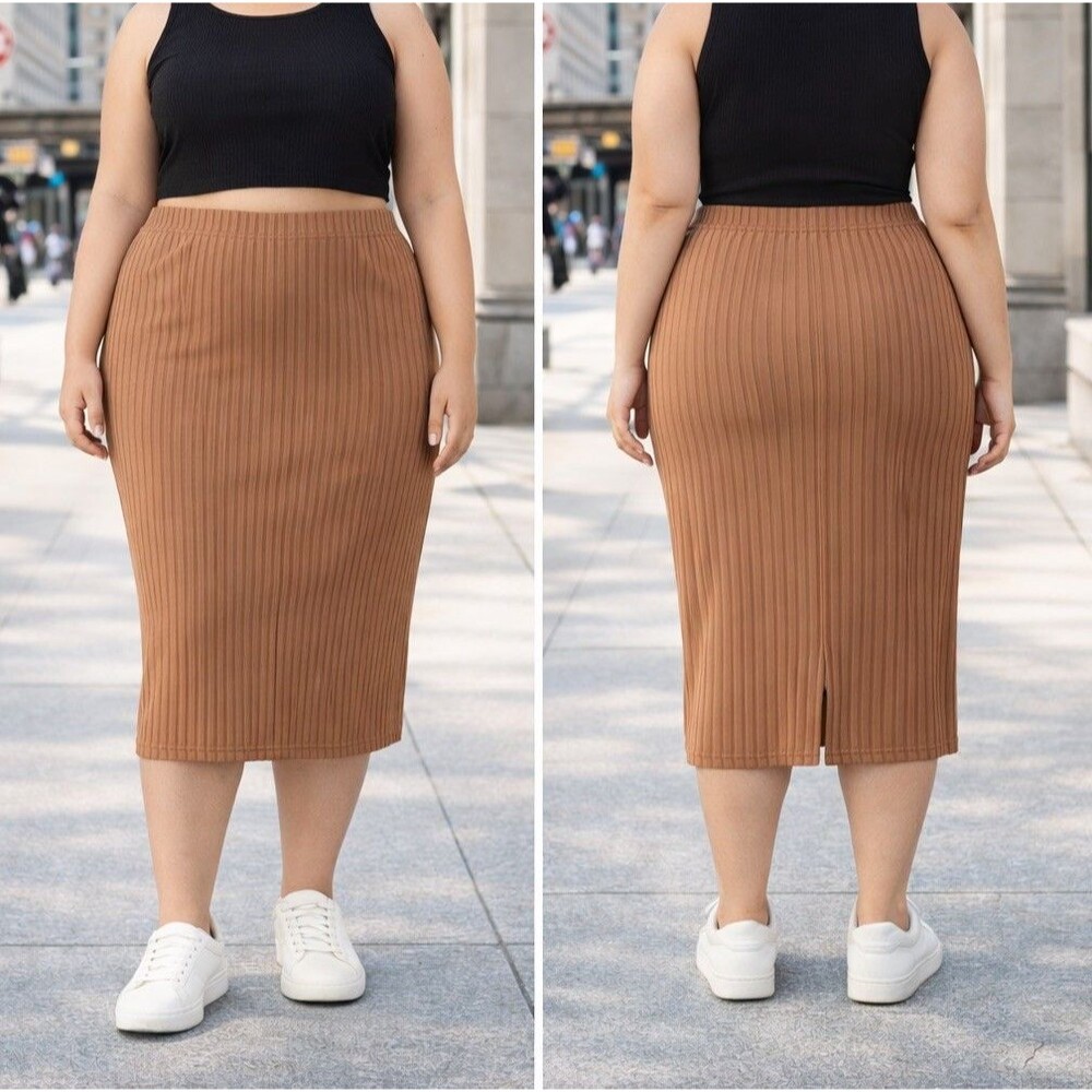 Plus Size 1XL Ribbed Bodycon Midi Skirt High Waist Pull On Brown